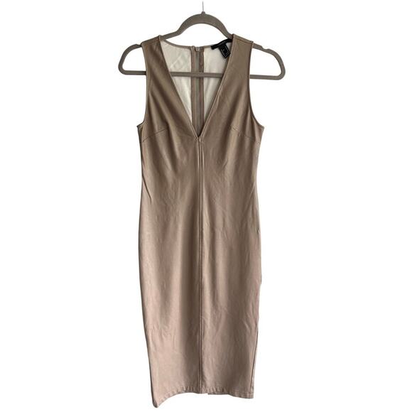 Forever 21 Women’s Beige Faux Leather Tan V Neck Bodycon Sheath Dress size Small - Picture 2 of 7